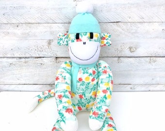 Fleur the Sock Monkey - floral and mint green - *MADE TO ORDER*