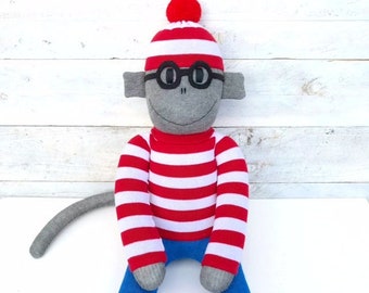 Wally the Sock Monkey - grey with red & white - *MADE TO ORDER*