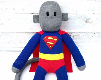 Supermonkey the Sock Monkey (superhero, dc, superman, soft toy, softie, superman soft toy, sock softie, superhero sock toy) MADE TO ORDER