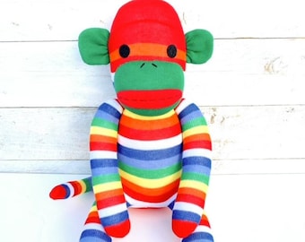 Wesley the Classic Sock Monkey (soft toy, softie, sock softie, sock monkey, handmade soft toy, sock toy, personalise, rainbow) READY TO SHIP