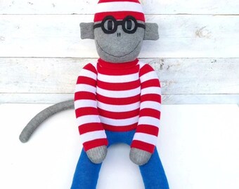 Wally the Sock Monkey - grey with red & white - *MADE TO ORDER*