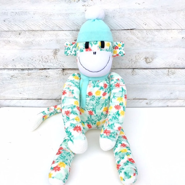 Fleur the Sock Monkey - floral and mint green - *MADE TO ORDER*