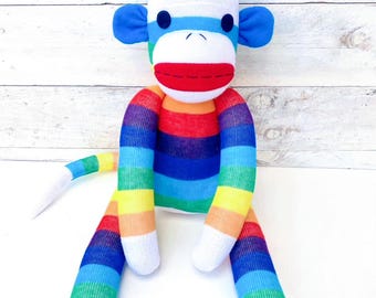 Elliott the Classic Sock Monkey - rainbow (soft toy, softie, sock softie, handmade soft toy, sock toy, personalise) MADE TO ORDER