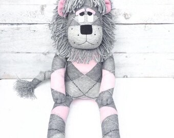 Leesa the Sock Lion (soft toy, handmade, softie, sock softie, sock monkey, handmade soft toy, sock toy, personalise,pink) MADE TO ORDER