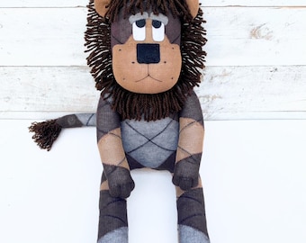 Lincoln the Sock Lion - Handmade Soft Toy, Argyle Print, Brown Yarn Mane - MADE TO ORDER
