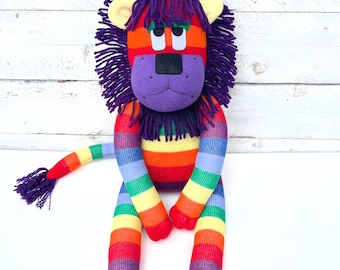 Luna the Sock Lion, Handmade Rainbow Soft Toy - MADE TO ORDER