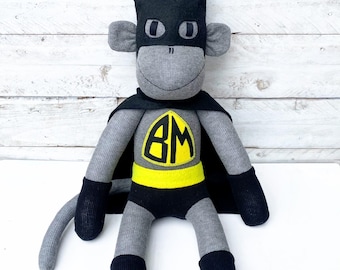 Batmonkey the Sock Monkey (superhero, soft toy, softie, sock softie, superhero soft toy, ) MADE TO ORDER