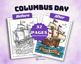 Columbus Day Coloring Pages Printable – 32 Ships, Voyage, Italian American Heritage Designs for Kids & Adults, Instant Download