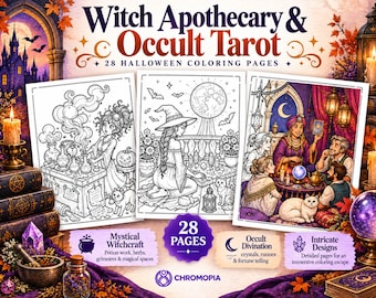 Witch Apothecary Halloween Coloring Pages For Adults | Printable Occult Tarot Fortune Teller Coloring Book | Halloween Coloring Sheets PDF