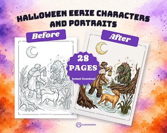 May include: A 28-page digital coloring book titled HALLOWEEN EERIE CHARACTERS AND PORTRAITS, featuring a before and after comparison of a scene with a person holding a lantern, a dog, and a creature in a swampy landscape under a crescent moon.