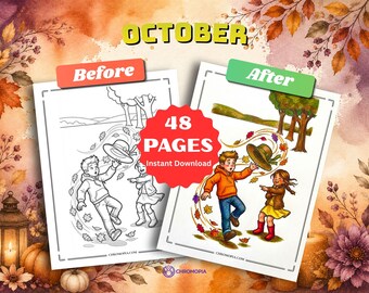 October Coloring Pages Printable PDF – 48 Fun Harvest Halloween and Cultural Designs for Kids and Adults, Instant Download