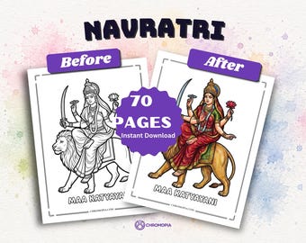 Navratri Coloring Pages Printable PDF – 70 Goddess Durga, Garba, Dandiya, Rangoli, Navratri Festival Designs for Adults, Instant Download