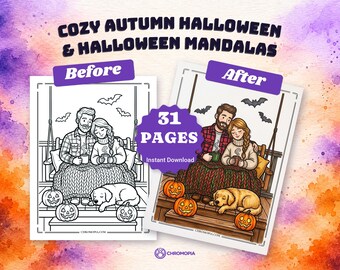 May include: A digital coloring book titled Cozy Autumn Halloween & Halloween Mandalas featuring 31 pages. The image displays a before and after comparison of a couple on a porch swing with a dog and pumpkins, with text reading 31 PAGES.
