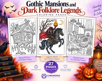 Gothic Mansion Halloween Coloring Pages For  Adults | Printable Dark Folklore Legends Coloring Book | Haunted Halloween Coloring Sheets PDF