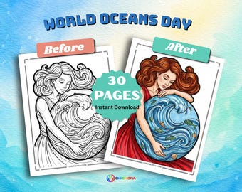 World Oceans Day Coloring Pages Printable PDF – 30 Ocean Life and Conservation Designs Coloring Book for Kids and Adults, Instant Download