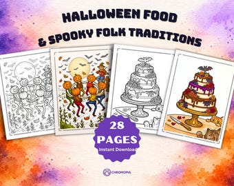 May include: A 28-page coloring book titled HALLOWEEN FOOD & SPOOKY FOLK TRADITIONS featuring illustrations of pumpkin-headed figures dancing in a field and a three-tiered cake with a bat topper, shown in both line art and full color.