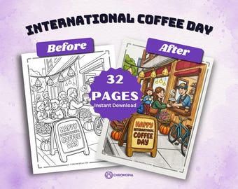 International Coffee Day Coloring Pages Printable PDF – 32 Coffee Culture Designs, Instant Download