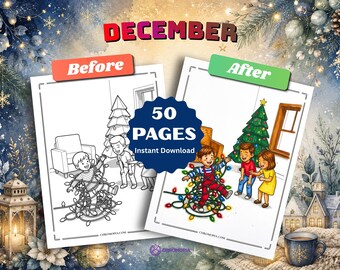 Printable December Coloring Pages PDF – 50 Fun Christmas Winter and Cultural Designs for Kids and Adults, Instant Download