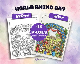 World Rhino Day Coloring Pages Printable PDF – 48 Wildlife Conservation and Baby Rhino Designs, Instant Download