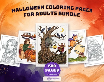 May include: A bundle of Halloween coloring pages for adults featuring 320 pages across 11 themed packs. The collection includes various illustrations such as a woman, a person in a chair, a witch in a tree, a cat on a broom, and a carousel.