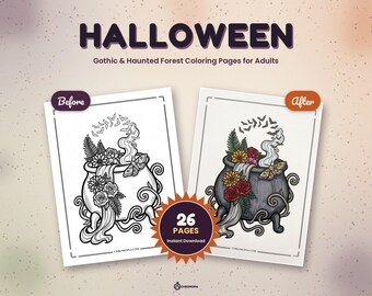Dark Gothic Botanical Coloring Pages Adults | Haunted Forest Folk Horror | Halloween Printable PDF