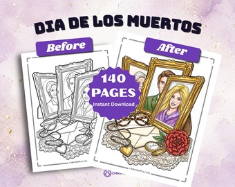 May include: A digital coloring book titled DIA DE LOS MUERTOS featuring 140 pages. The image displays a before and after comparison of a page showing framed portraits, eyeglasses, an envelope, a heart pendant, and a flower.