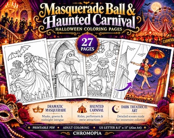 Masquerade Ball Halloween Coloring Pages For Adults | Haunted Carnival Coloring Book | Printable Coloring Sheets PDF