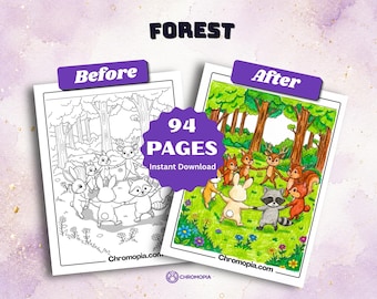 Forest Coloring Pages Printable PDF| Forest Coloring Book Kids Adults | Enchanted Woodland Nature Coloring Sheets Designs