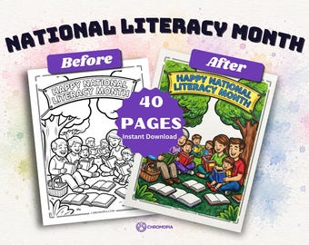 National Literacy Month Coloring Pages Printable PDF – 40 Reading Books and Community Literacy Designs, Instant Download