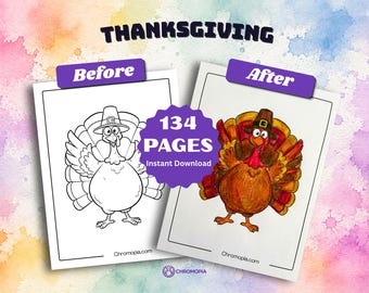 Thanksgiving Coloring Pages Printable PDF | Thanksgiving Coloring Book Kids Adults | Fall Turkey and Family Celebrations Coloring Sheets