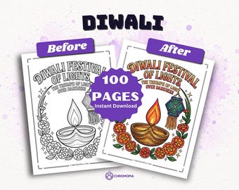 Diwali Coloring Pages Printable PDF – 100 Festival of Lights Celebrations Designs, Lakshmi, Rangoli & Diwali Traditions, Instant Download