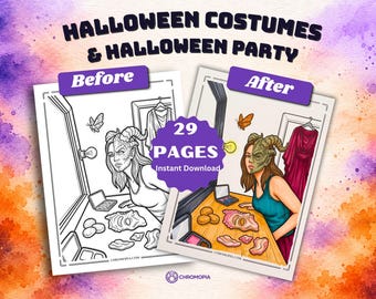 May include: A 29-page coloring book set titled Halloween Costumes & Halloween Party, featuring a before and after comparison of a person applying monster makeup with horns, a butterfly, and a dress hanging in the background.