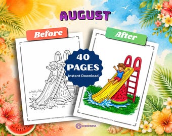 August Coloring Pages Printable PDF – 40 Summer, Nature and Cultural Celebration Designs for Kids and Adults, Instant Download