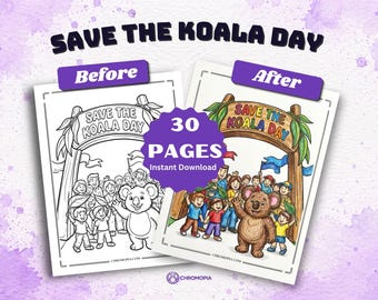 Save the Koala Day Coloring Pages Printable PDF – 30 Cute Wildlife Conservation and Eucalyptus Designs, Instant Download