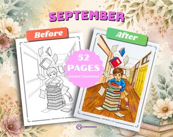 September Coloring Pages Printable PDF – 52  Cute Fall Celebration Designs Coloring Book for Kids and Adults, Instant Download