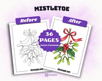 May include: A coloring book page set titled MISTLETOE featuring 36 PAGES Instant Download. One page shows a black and white line drawing of mistletoe with a bow, and the other shows a colored version with red berries and green leaves.