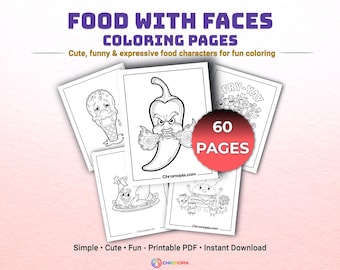 Food With Faces Coloring Pages Printable PDF – 60 Cute Kawaii Food Characters and Easy Fun Designs for Kids Teens & Adults