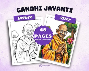 Gandhi Jayanti Coloring Pages Printable PDF – 48 Mahatma Gandhi Non Violence and Biographical Stories Designs, Instant Download