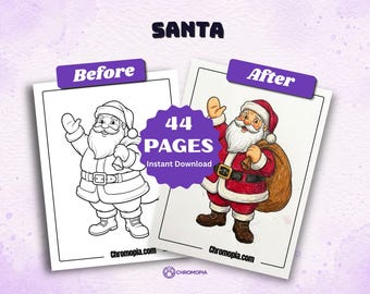 May include: A digital coloring book set titled SANTA featuring 44 PAGES with a Before and After comparison. The images show a line art Santa Claus and a colored version of Santa Claus wearing a red suit with a brown sack, with Chromopia.com text.