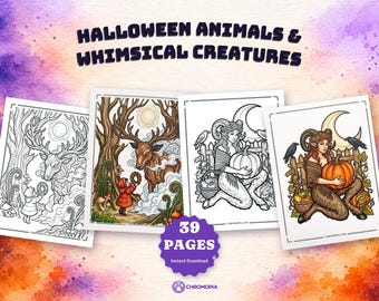 May include: A digital coloring book titled HALLOWEEN ANIMALS & WHIMSICAL CREATURES featuring 39 pages. The collection includes line art and colored illustrations of a deer in a forest and a satyr figure holding a pumpkin.