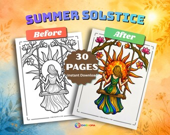 Summer Solstice Coloring Pages Printable PDF – 30 Floral, Nature and Celebration Designs Coloring Book for Kids and Adults, Instant Download