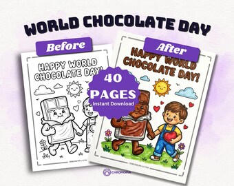 World Chocolate Day Coloring Pages Printable PDF – 40 Fun Chocolate Designs for Kids & Adults, Instant Download