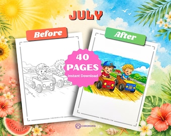 July Coloring Pages Printable PDF – 40 Summer Fun and Celebration Designs Coloring Book for Kids and Adults, Instant Download