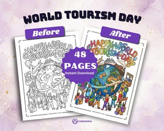 World Tourism Day Coloring Pages Printable PDF – 48 Travel Landmarks Wanderlust and Adventure Designs, Instant Download