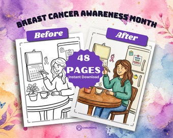 Breast Cancer Awareness Month Coloring Pages Printable PDF – 48 Diagnosis to the Survivor Pink Ribbon Designs, Instant Download