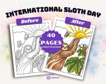 International Sloth Day Coloring Pages Printable – 40 Cute Sloth, Rainforest, Slow Living Designs for Kids & Adults, Instant Download