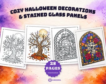 May include: A digital coloring book titled COZY HALLOWEEN DECORATIONS & STAINED GLASS PANELS featuring 28 pages of illustrations including ghost-filled trees, pumpkins, and skulls with roses in stained glass frames, set against a watercolor background.