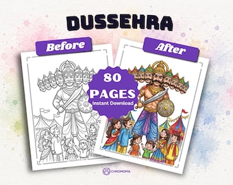 Dussehra Coloring Pages Printable – 80 Vijayadashami, Durga Puja, Rama Ravana, Regional Traditions Designs for Adults, Instant Download