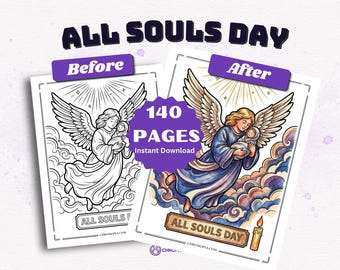 May include: A digital coloring book titled ALL SOULS DAY featuring 140 pages. The image displays two versions of an angel holding a baby among clouds: one in black and white line art and one in full color with a lit candle at the bottom.