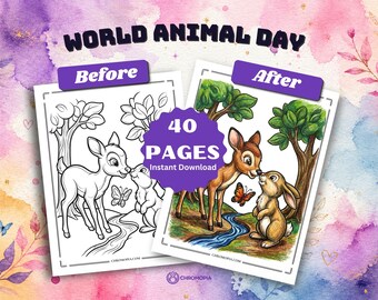 World Animal Day Coloring Pages Printable PDF – 40 Wildlife & Animal Kindness Designs, Instant Download